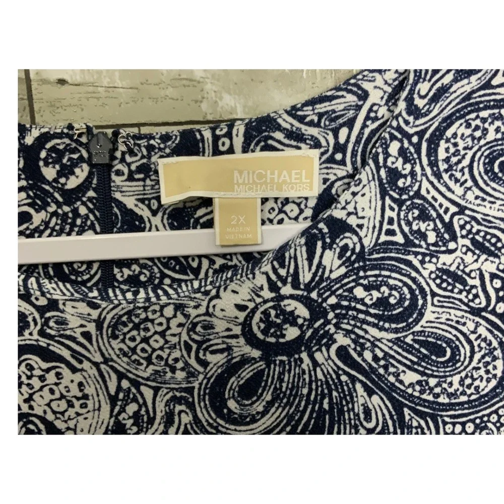 Michael Kors Womens Blue Paisley Print Short Sleeve Dress Back Zip‎ Size 2X